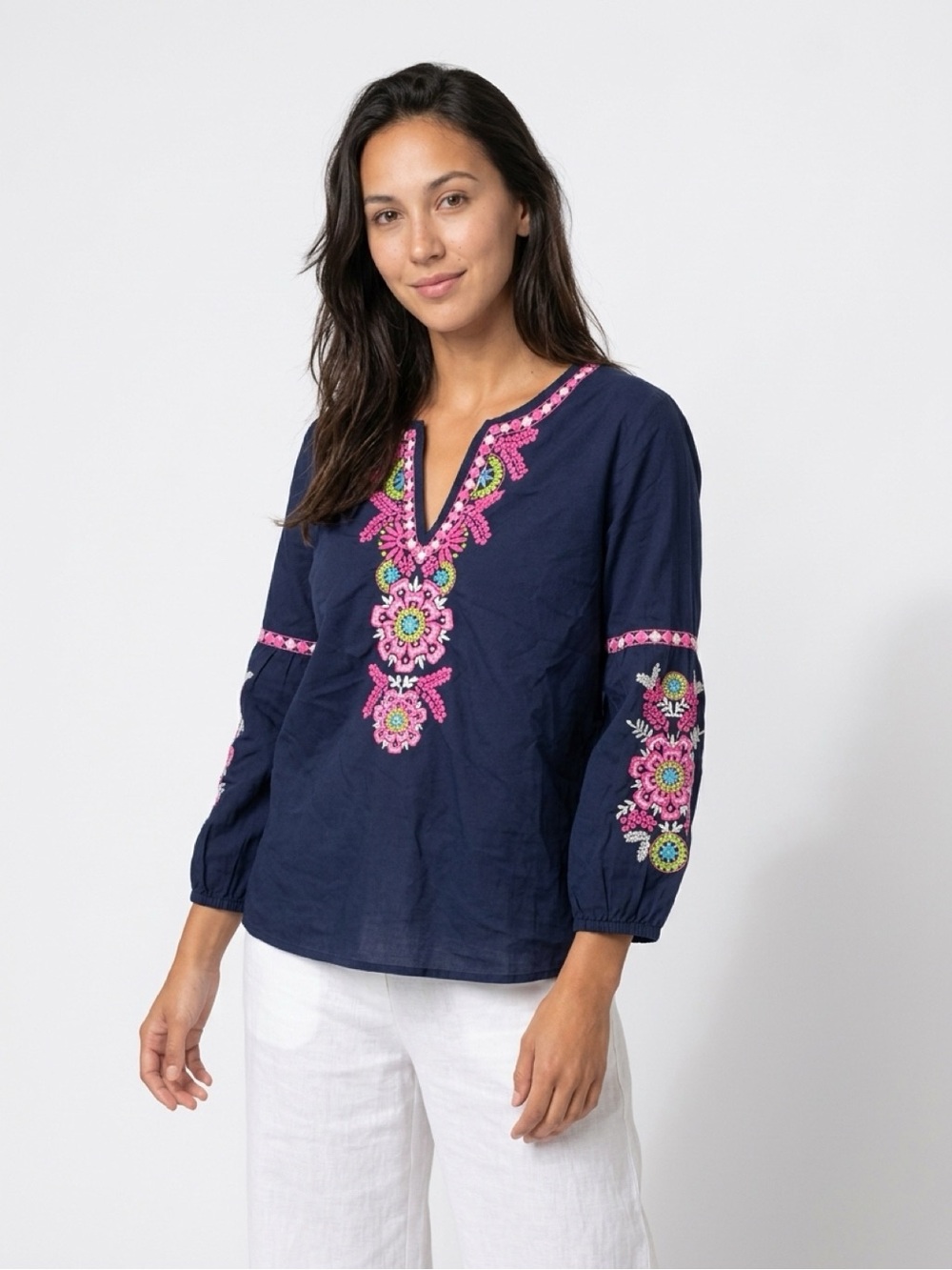 Lilly Pulitzer Navy Tunic with Pink Floral Embroidery